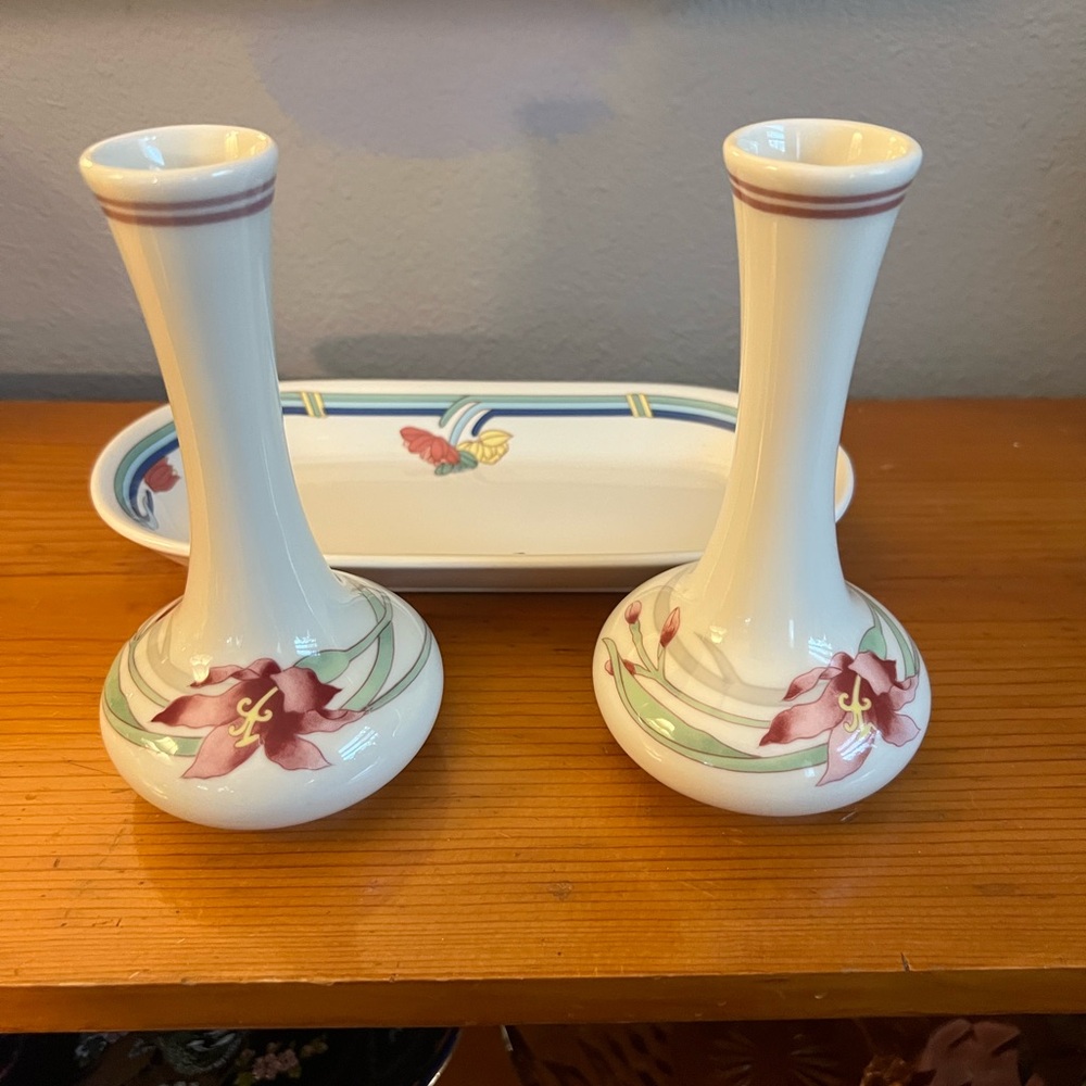 Vintage Rego Dinnerware Oval Serving Platter / Bowl & 2 Bud Vases 7.5” tall
